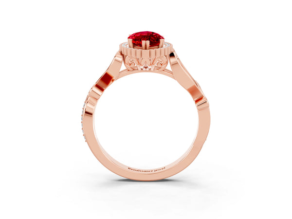 Rose gold Marquise Cut Ruby Halo Ring with Vintage Split Shank and Four-Prong Setting