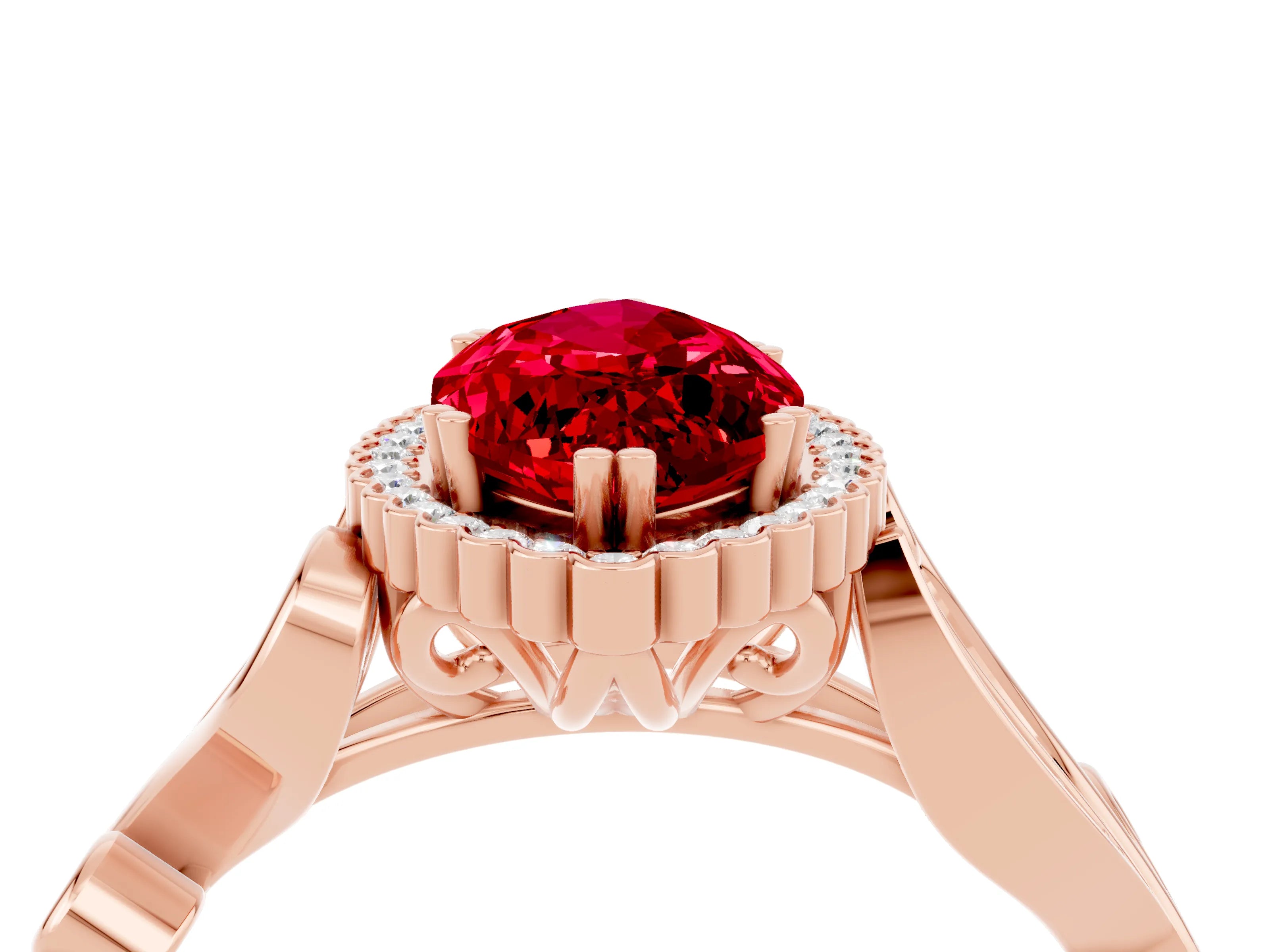 Rose gold Marquise Cut Ruby Halo Ring with Vintage Split Shank and Four-Prong Setting_4