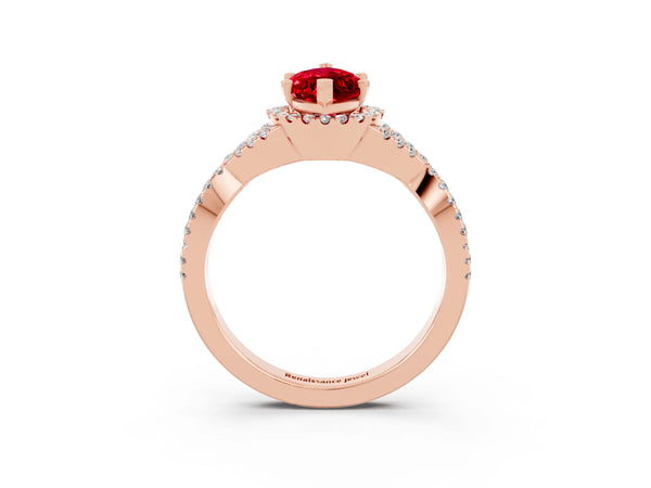 Rose gold Marquise Cut Ruby  Halo Twist Band Solitaire Prong Setting Ring