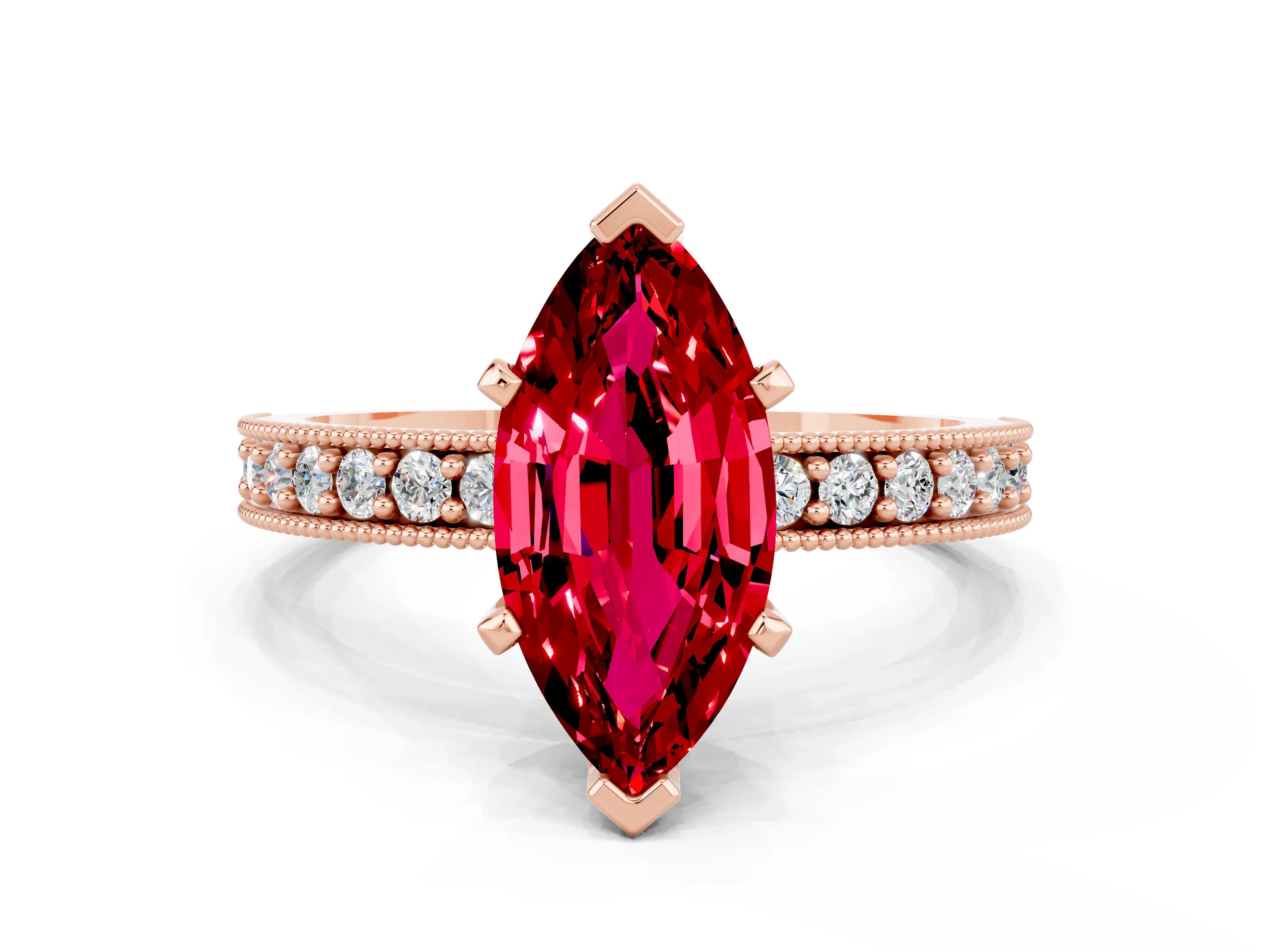 Rose gold Marquise Cut Ruby Milgrain Pavé Engagement Ring with Four-Prong Setting