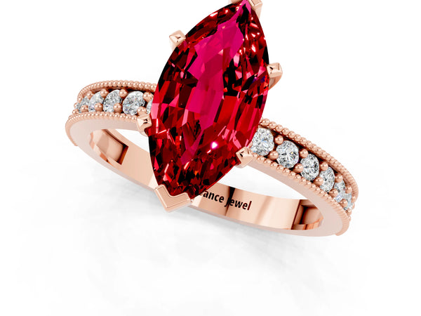 Rose gold Marquise Cut Ruby Milgrain Pavé Engagement Ring with Four-Prong Setting