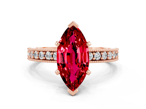 Rose gold Marquise Cut Ruby Milgrain Pavé Engagement Ring with Four-Prong Setting