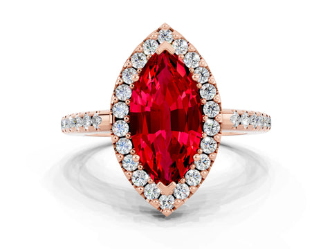 Rose gold Marquise Cut Ruby Pavé Halo Ring with Four-Prong Setting_12