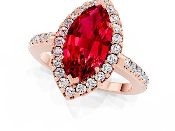 Rose gold Marquise Cut Ruby Pavé Halo Ring with Four-Prong Setting