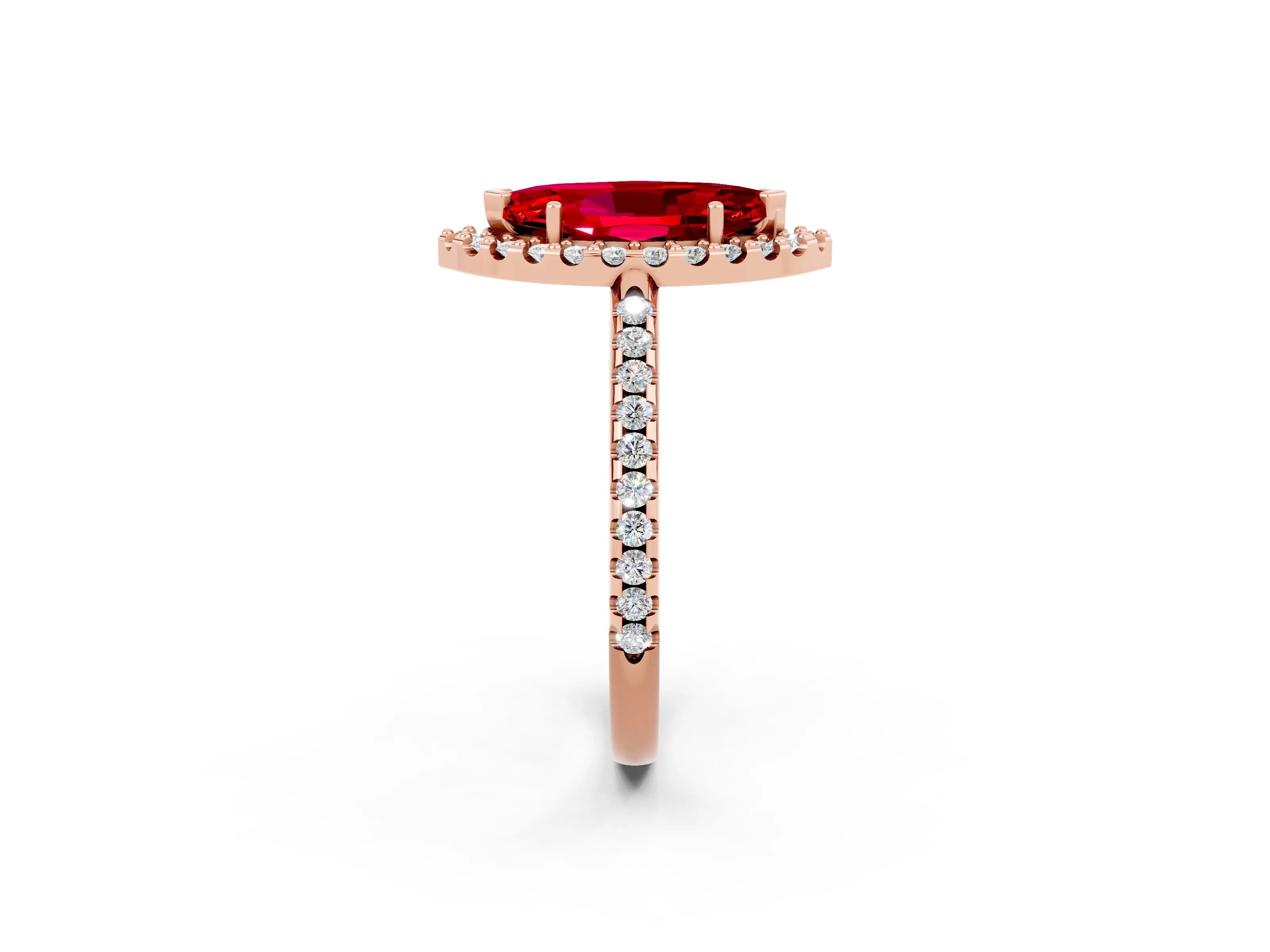 Rose gold Marquise Cut Ruby Pavé Halo Ring with Four-Prong Setting_14