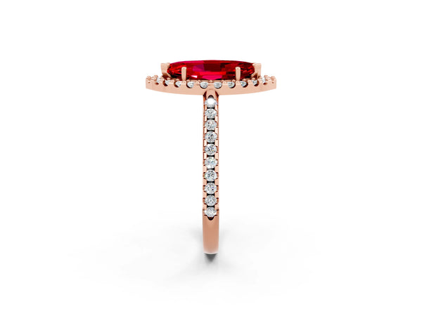 Rose gold Marquise Cut Ruby Pavé Halo Ring with Four-Prong Setting
