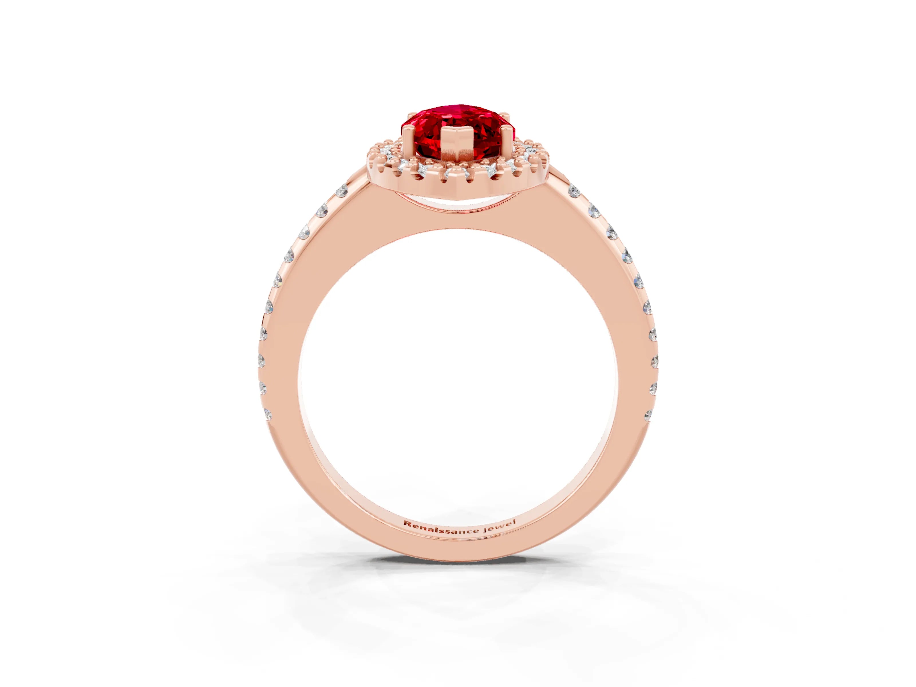Rose gold Marquise Cut Ruby Pavé Halo Ring with Four-Prong Setting_15