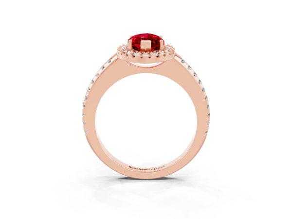 Rose gold Marquise Cut Ruby Pavé Halo Ring with Four-Prong Setting