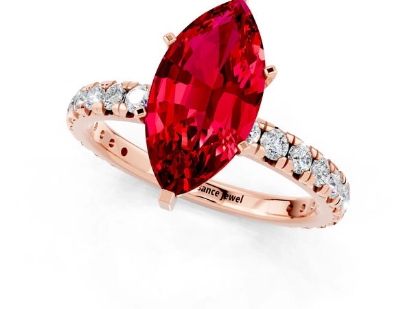 Rose gold Marquise Cut Ruby Pavé Solitaire Ring with Round Band and Prong Setting