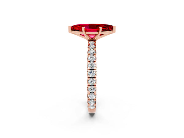 Rose gold Marquise Cut Ruby Pavé Solitaire Ring with Round Band and Prong Setting