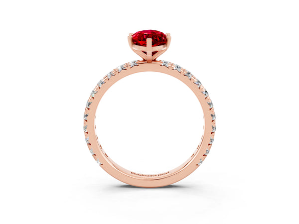 Rose gold Marquise Cut Ruby Pavé Solitaire Ring with Round Band and Prong Setting