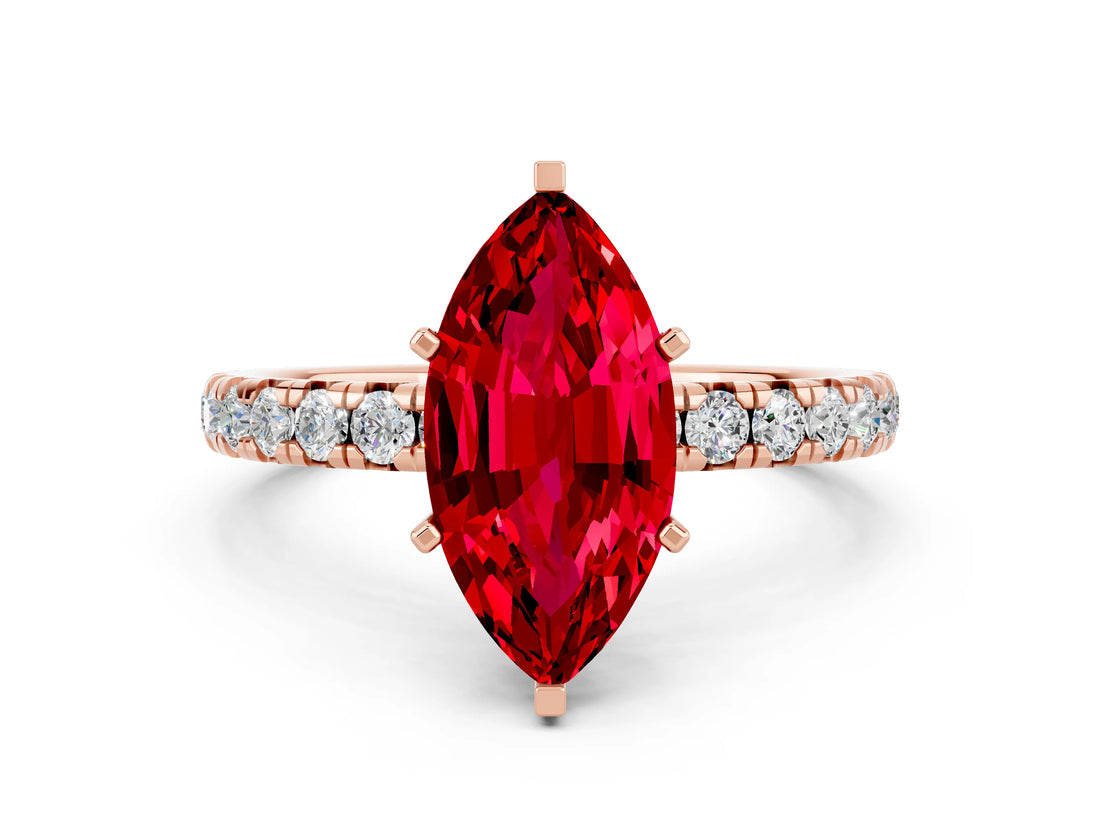 Rose gold Marquise Cut Ruby Pavé Solitaire Ring with Round Band and Prong Setting_24