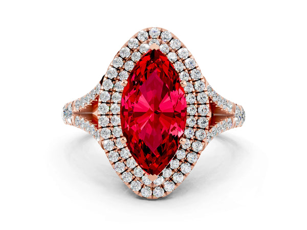 Rose gold Marquise Cut Ruby Pavé Split Shank Double Halo Engagement Ring