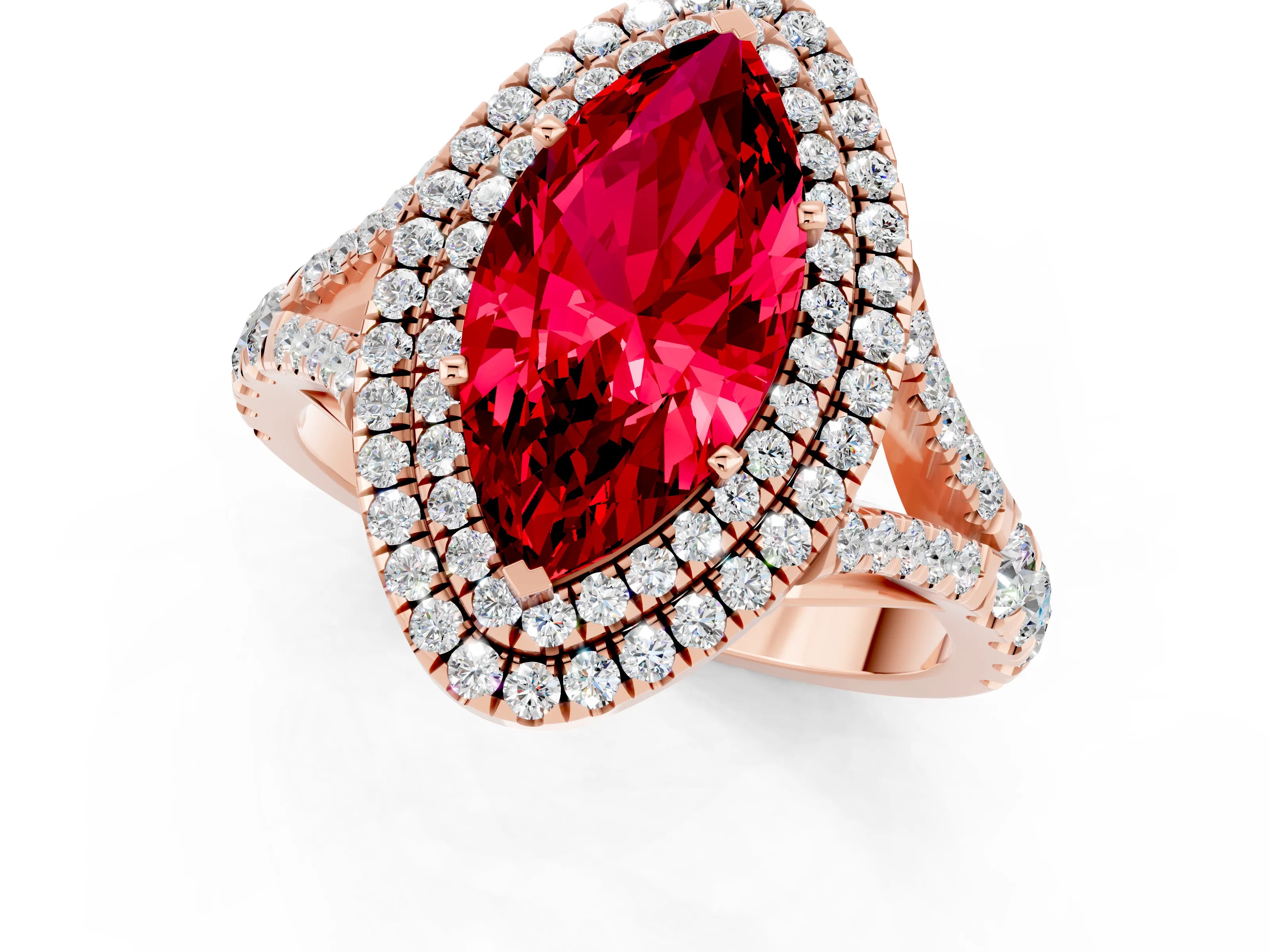 Rose gold Marquise Cut Ruby Pavé Split Shank Double Halo Engagement Ring_13