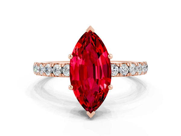 Rose gold Marquise Cut Ruby Pave Band Solitaire Ring with Round  and Prong Setting