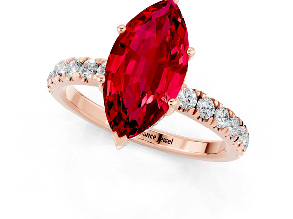 Rose gold Marquise Cut Ruby Pave Band Solitaire Ring with Round  and Prong Setting