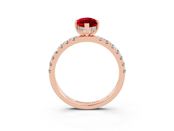 Rose gold Marquise Cut Ruby Pave Band Solitaire Ring with Round  and Prong Setting