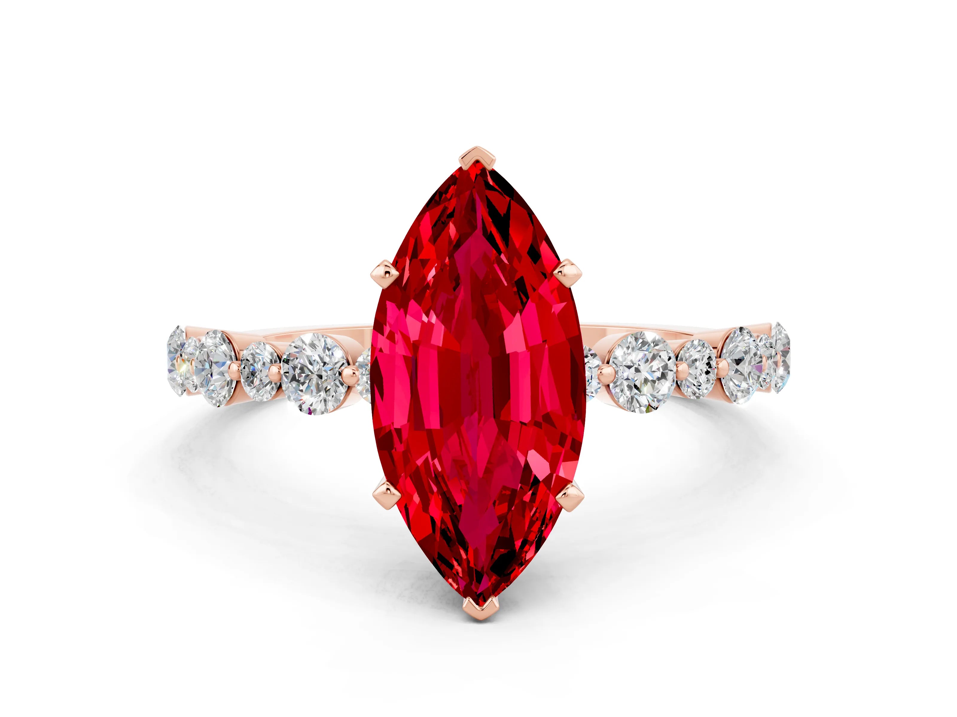 Rose gold Marquise Cut Ruby Prong Set Engagement Ring with Pavé Band