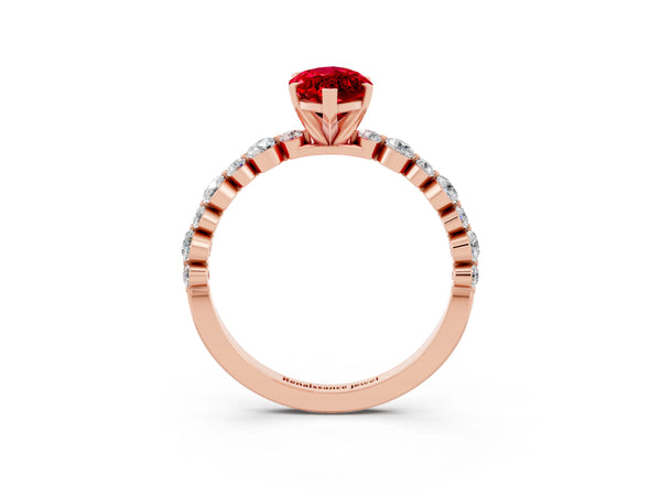 Rose gold Marquise Cut Ruby Prong Set Engagement Ring with Pavé Band