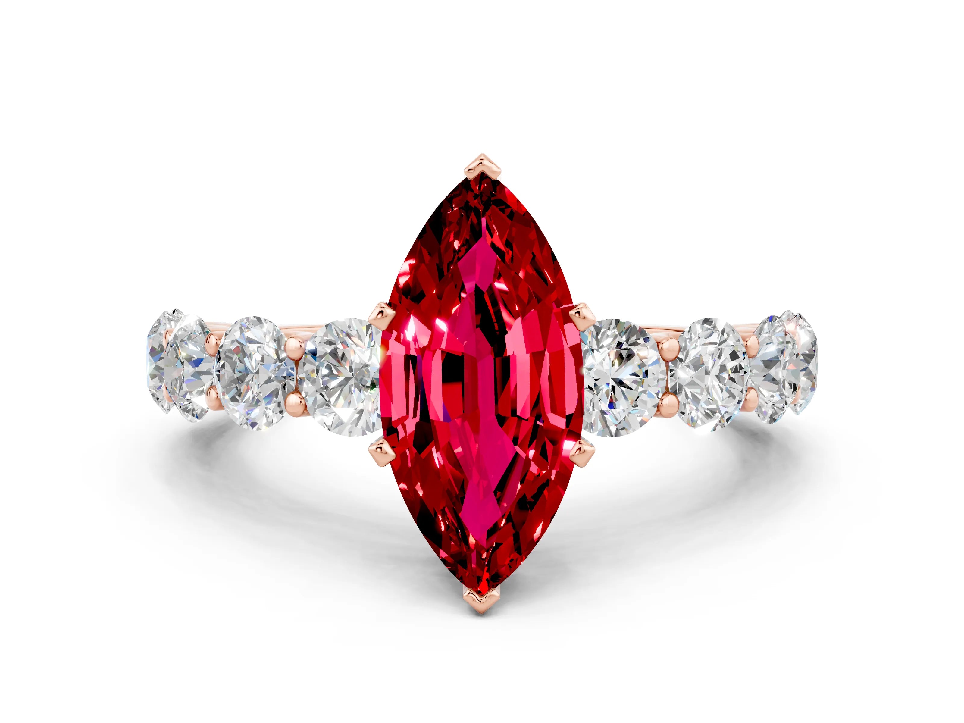Rose gold Marquise Cut Ruby Prong Setting with Side Stones on a Pave Band