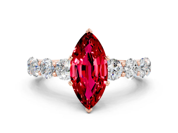 Rose gold Marquise Cut Ruby Prong Setting with Side Stones on a Pave Band
