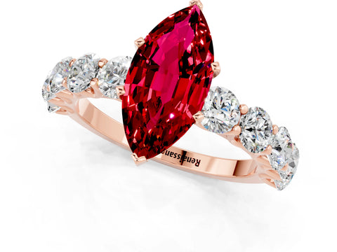 Rose gold Marquise Cut Ruby Prong Setting with Side Stones on a Pave Band_1