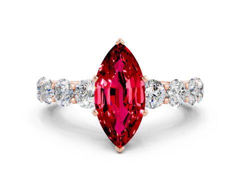 Rose gold Marquise Cut Ruby Prong Setting with Side Stones on a Pave Band