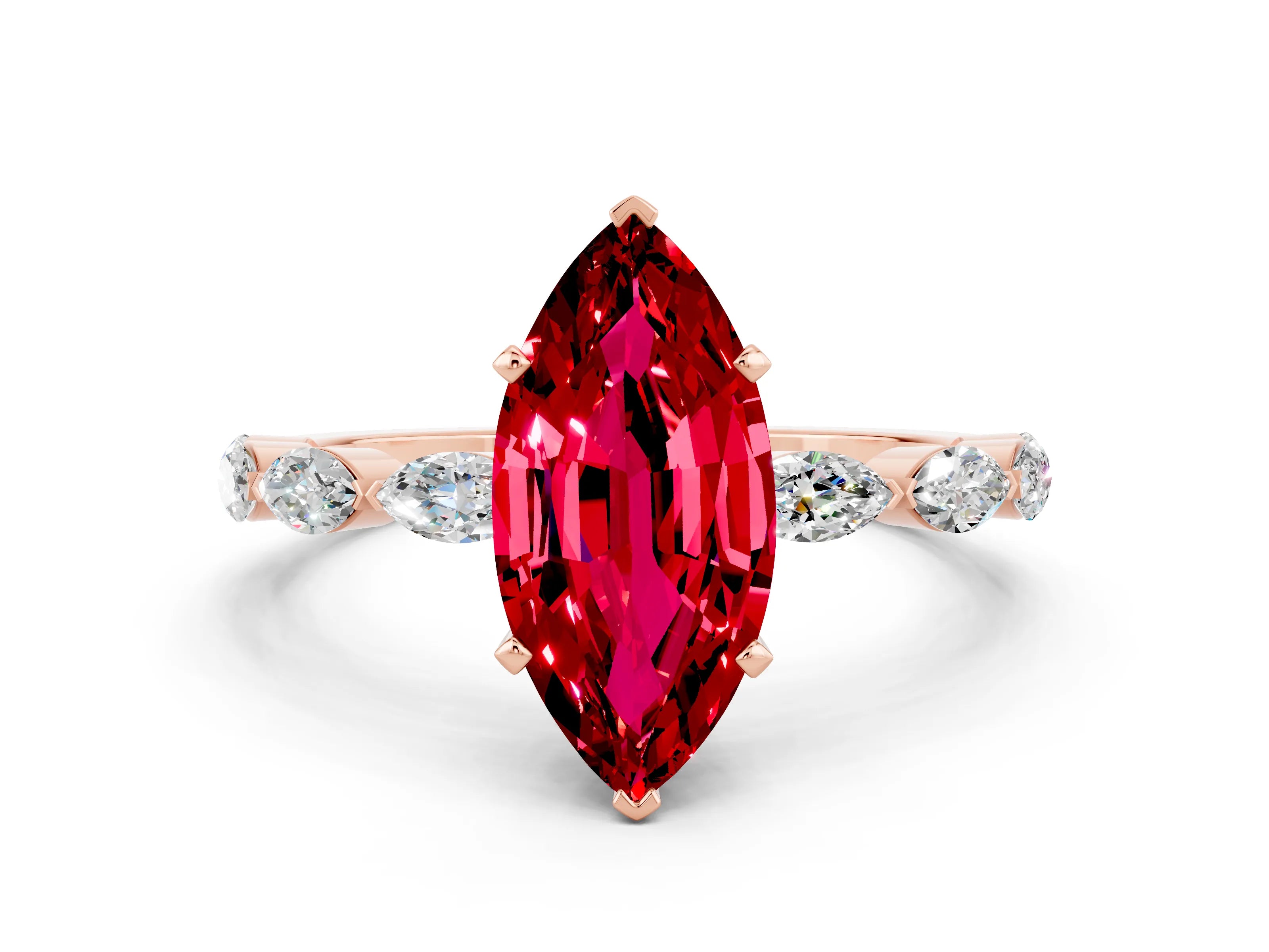 Rose gold Marquise Cut Ruby Ring with Marquise Side Stones and Prong Setting