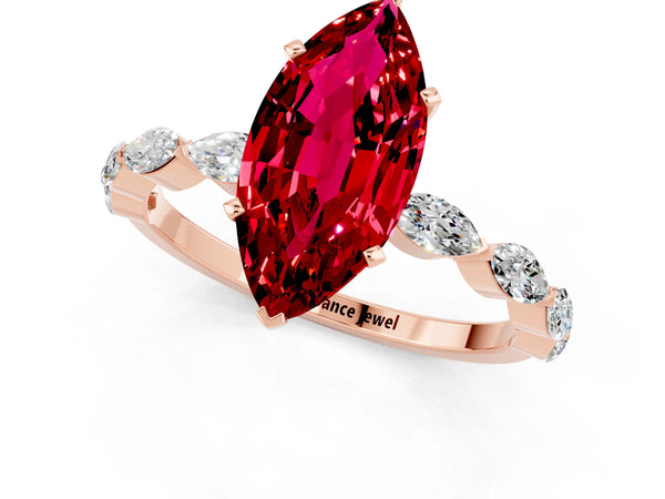 Rose gold Marquise Cut Ruby Ring with Marquise Side Stones and Prong Setting