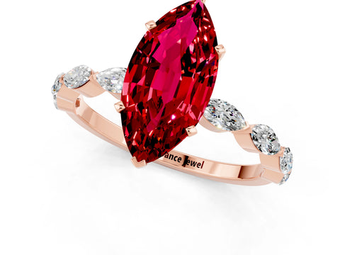 Rose gold Marquise Cut Ruby Ring with Marquise Side Stones and Prong Setting_1
