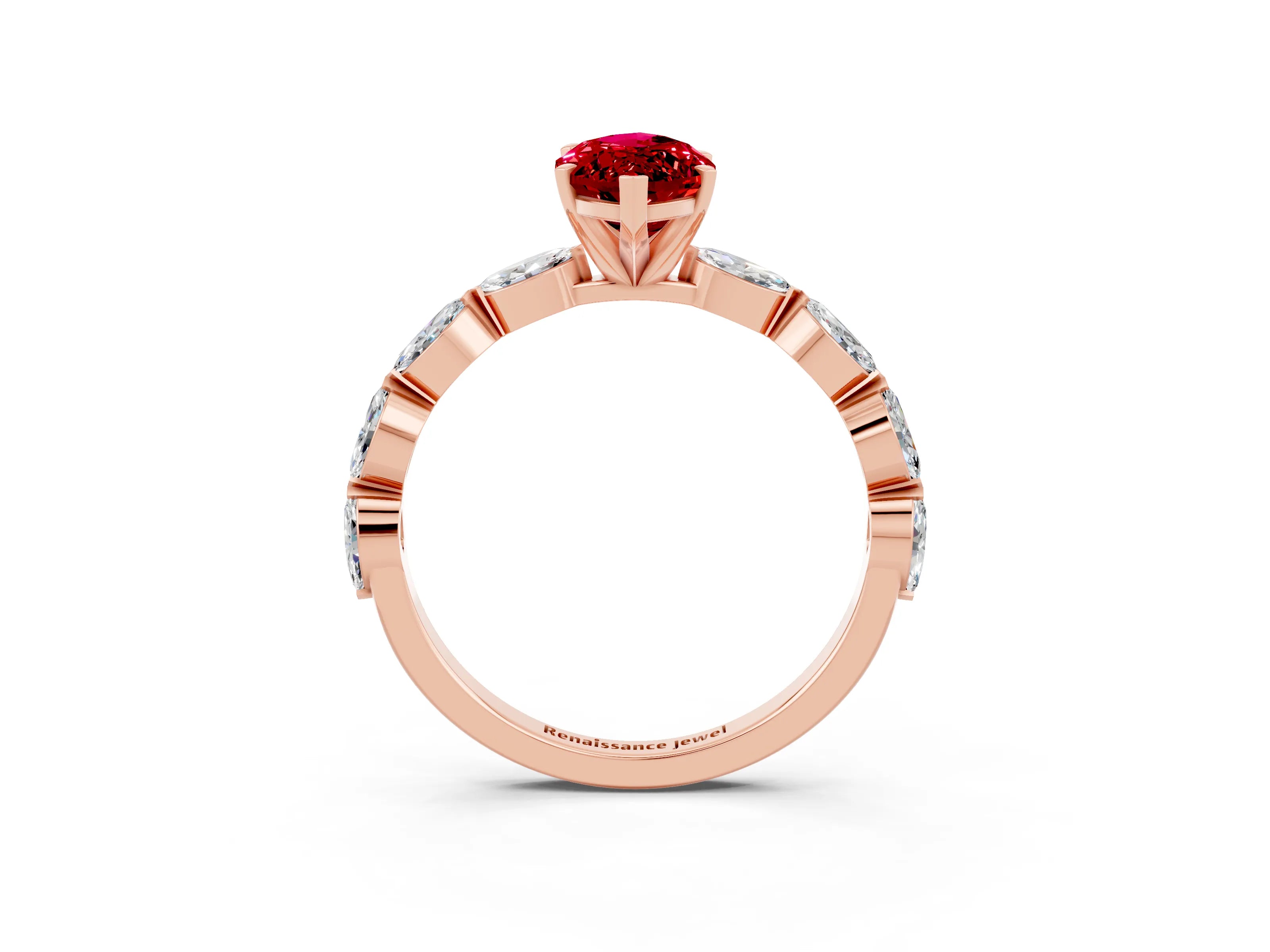 Rose gold Marquise Cut Ruby Ring with Marquise Side Stones and Prong Setting_3