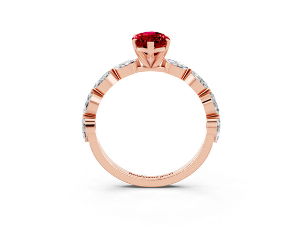 Rose gold Marquise Cut Ruby Ring with Marquise Side Stones and Prong Setting