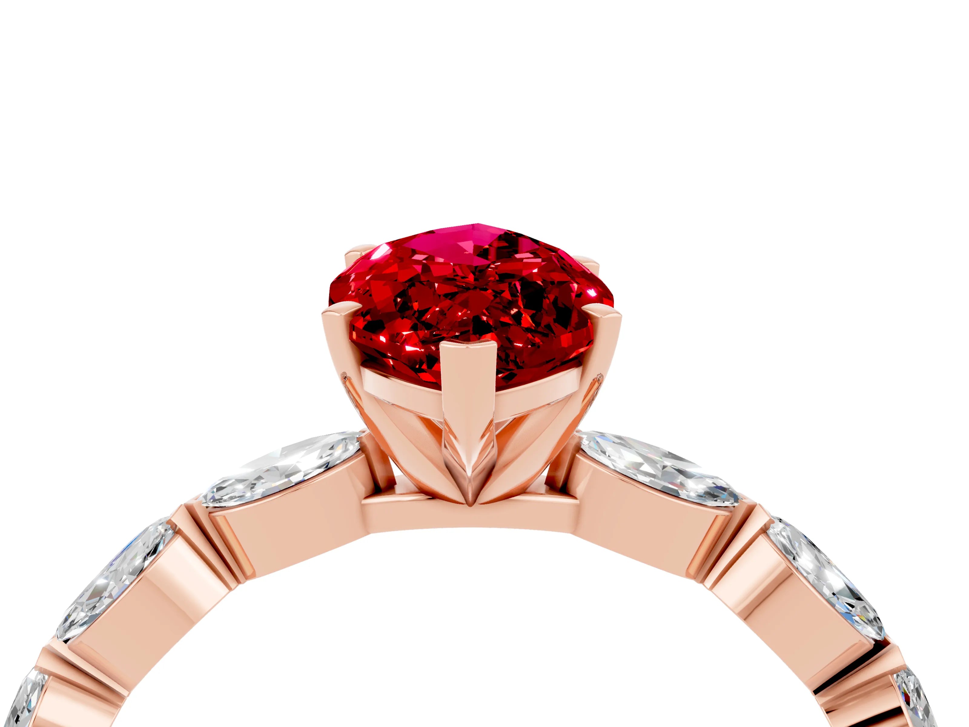 Rose gold Marquise Cut Ruby Ring with Marquise Side Stones and Prong Setting_4