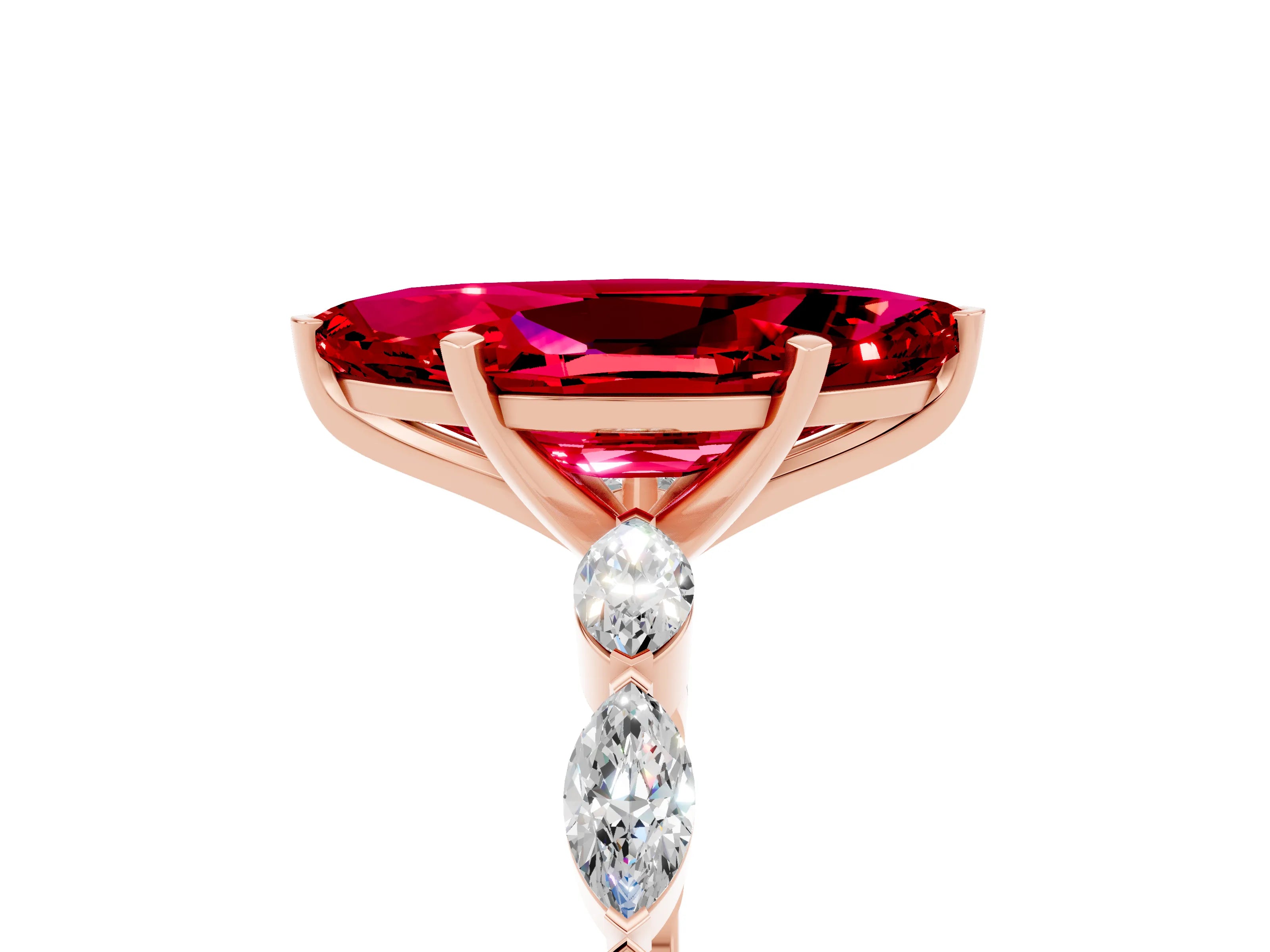 Rose gold Marquise Cut Ruby Ring with Marquise Side Stones and Prong Setting_5