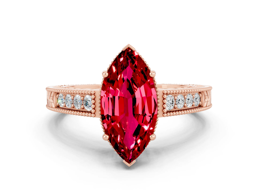 Rose gold Marquise Cut Ruby Ring with Milgrain Pavé Band and Four-Prong Setting_12