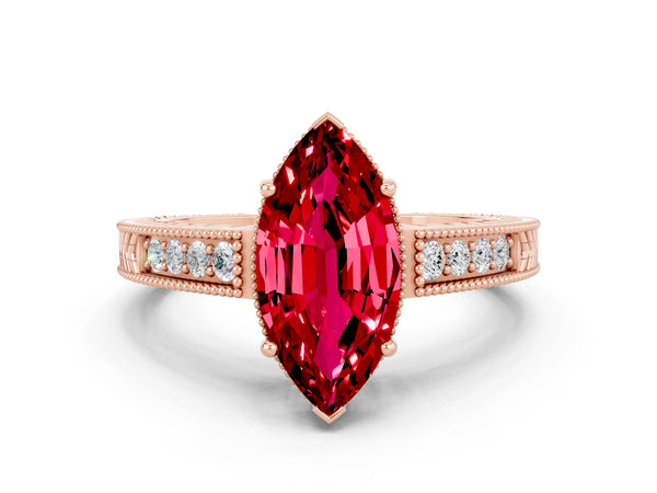 Rose gold Marquise Cut Ruby Ring with Milgrain Pavé Band and Four-Prong Setting