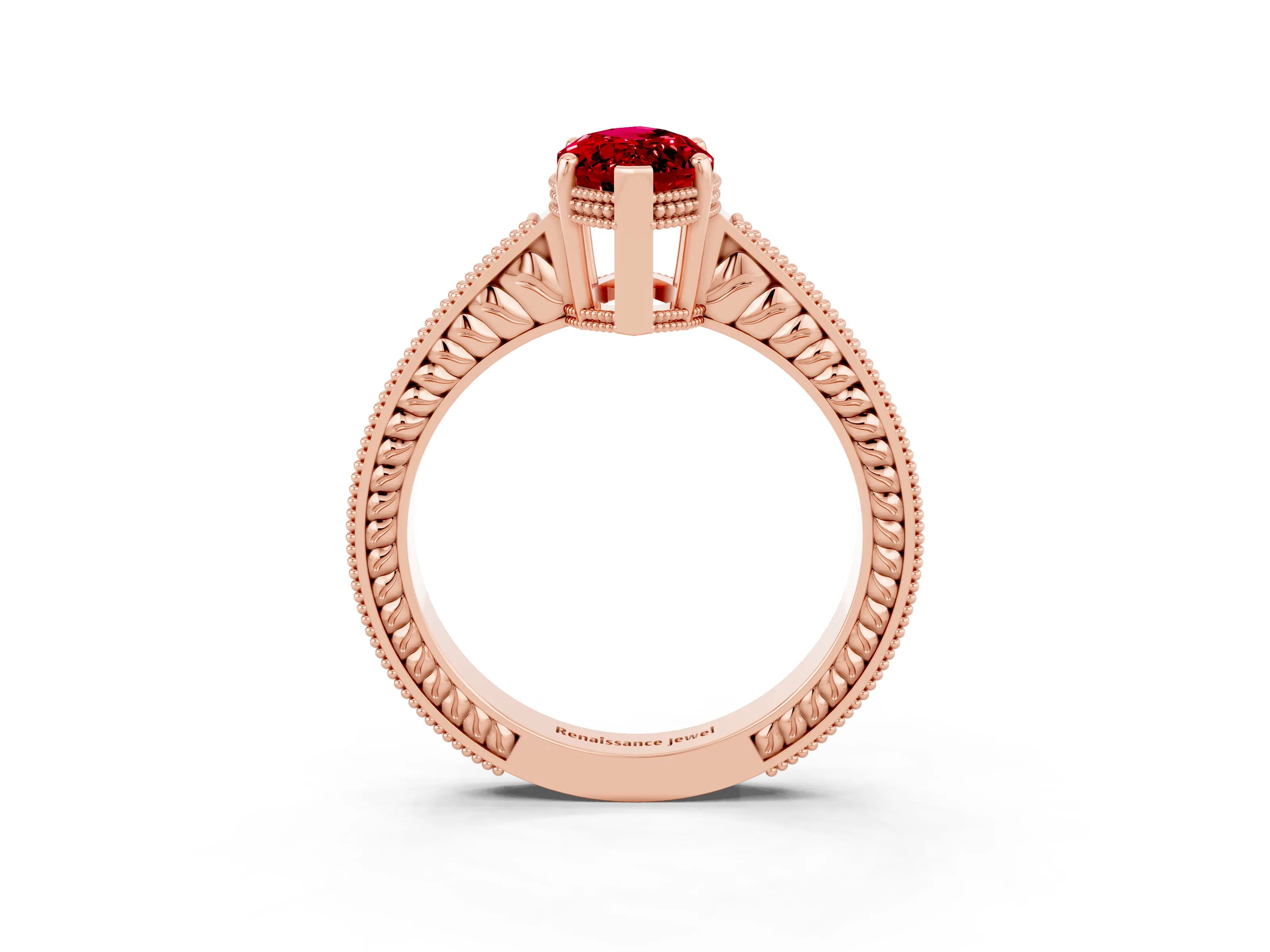 Rose gold Marquise Cut Ruby Ring with Milgrain Pavé Band and Four-Prong Setting_15