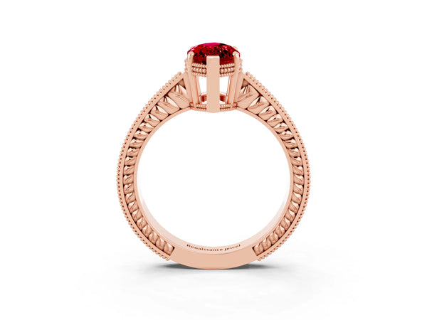 Rose gold Marquise Cut Ruby Ring with Milgrain Pavé Band and Four-Prong Setting
