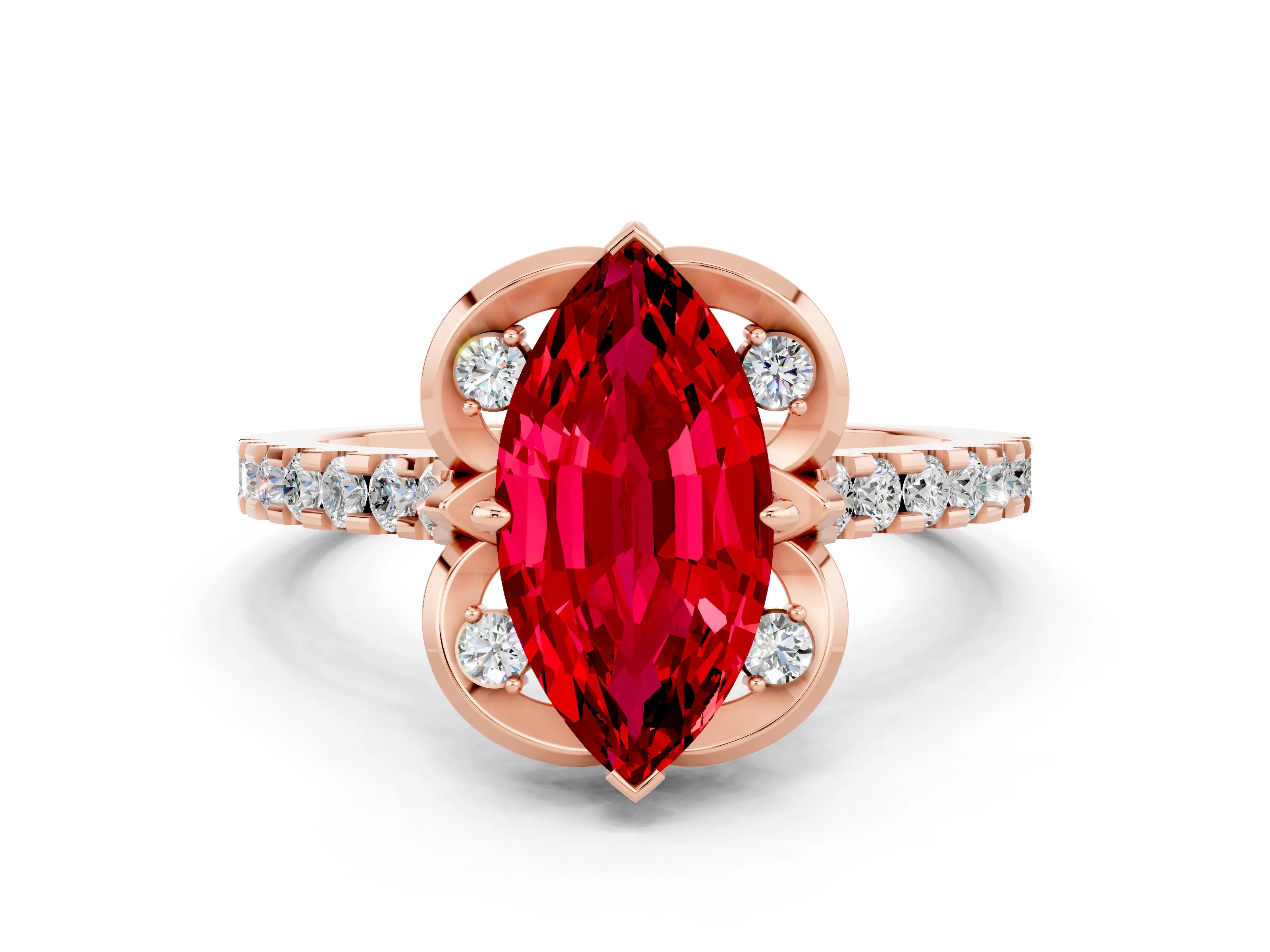 Rose gold Marquise Cut Ruby Ring with Pavé Band and Floral Prong Setting
