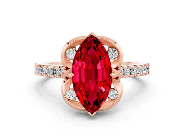 Rose gold Marquise Cut Ruby Ring with Pavé Band and Floral Prong Setting