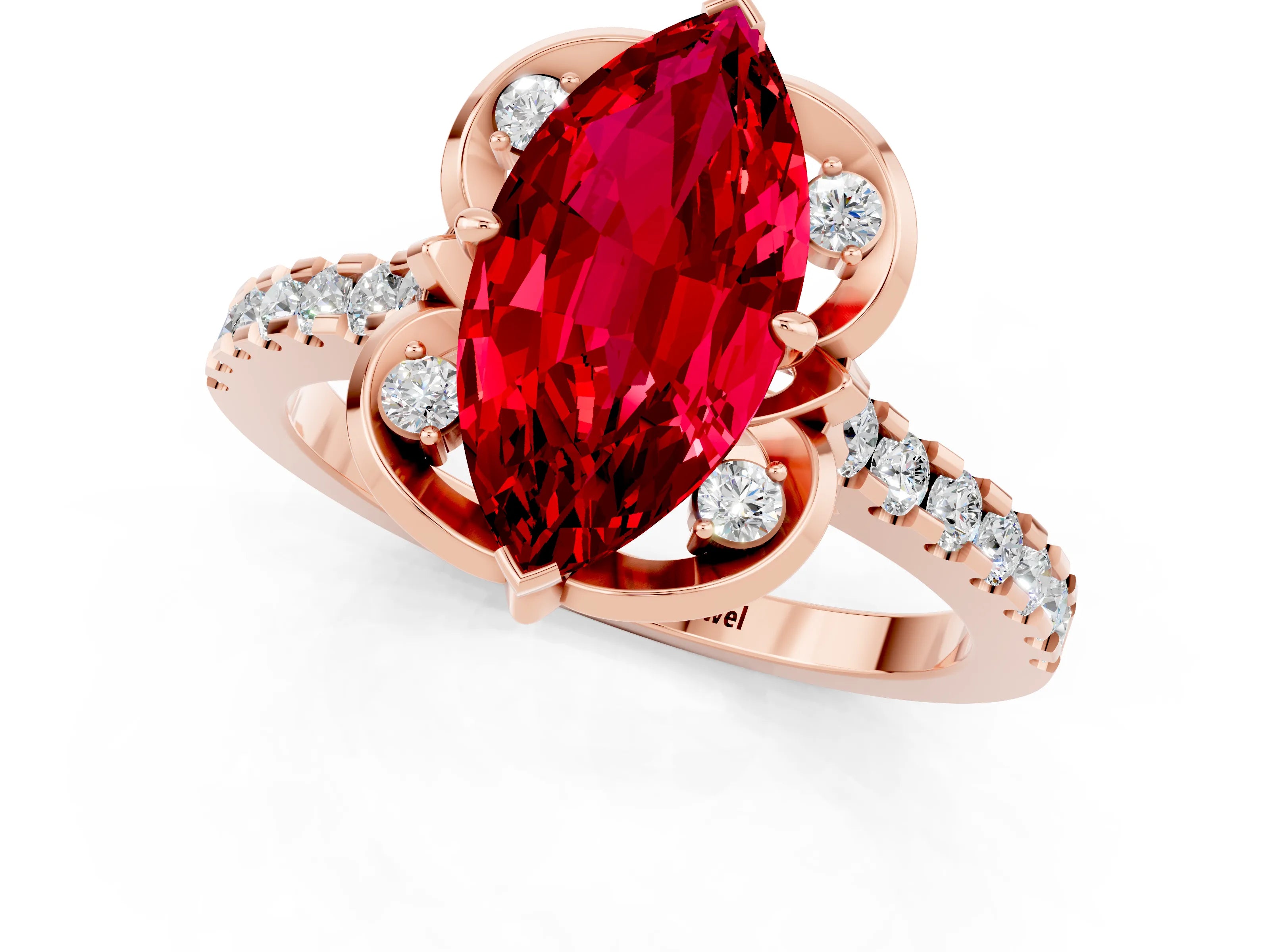 Rose gold Marquise Cut Ruby Ring with Pavé Band and Floral Prong Setting_1
