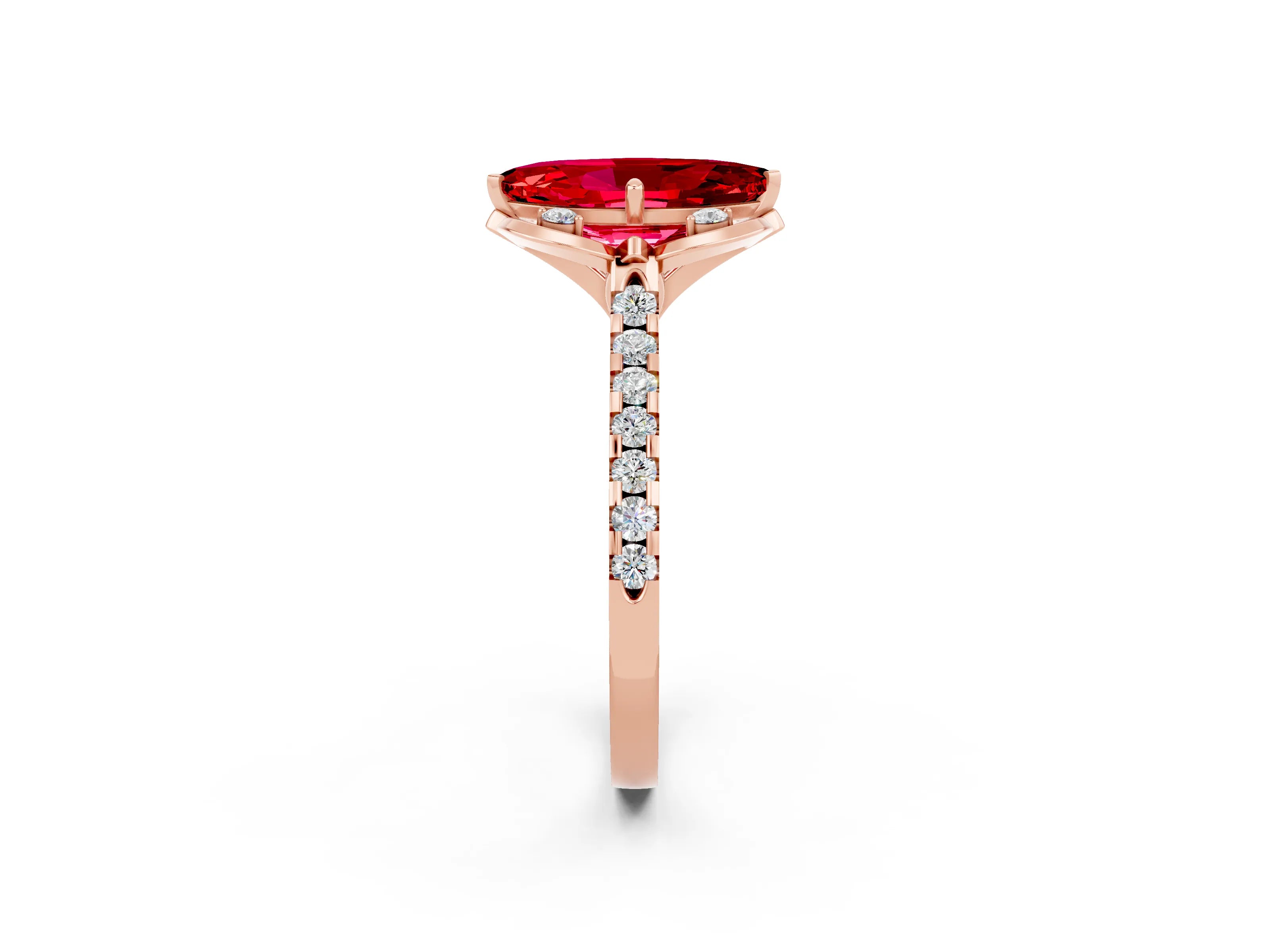 Rose gold Marquise Cut Ruby Ring with Pavé Band and Floral Prong Setting_2