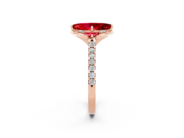 Rose gold Marquise Cut Ruby Ring with Pavé Band and Floral Prong Setting