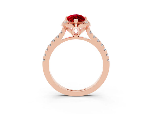 Rose gold Marquise Cut Ruby Ring with Pavé Band and Floral Prong Setting
