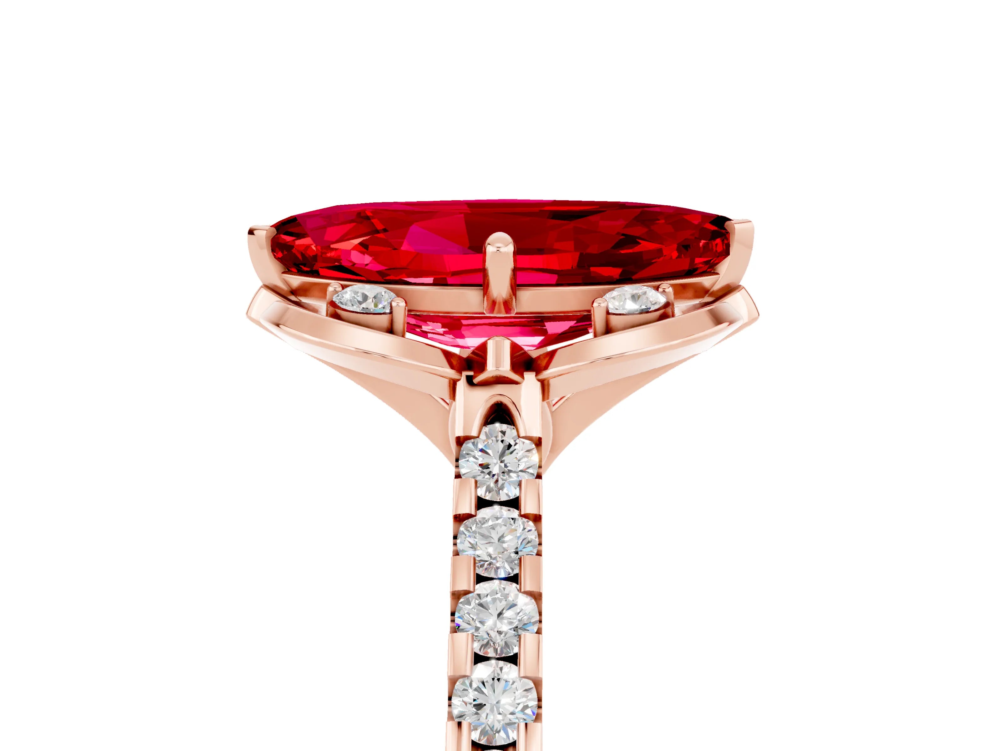 Rose gold Marquise Cut Ruby Ring with Pavé Band and Floral Prong Setting_5