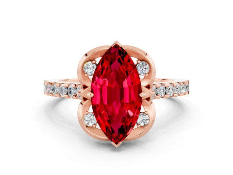 Rose gold Marquise Cut Ruby Ring with Pavé Band and Floral Prong Setting