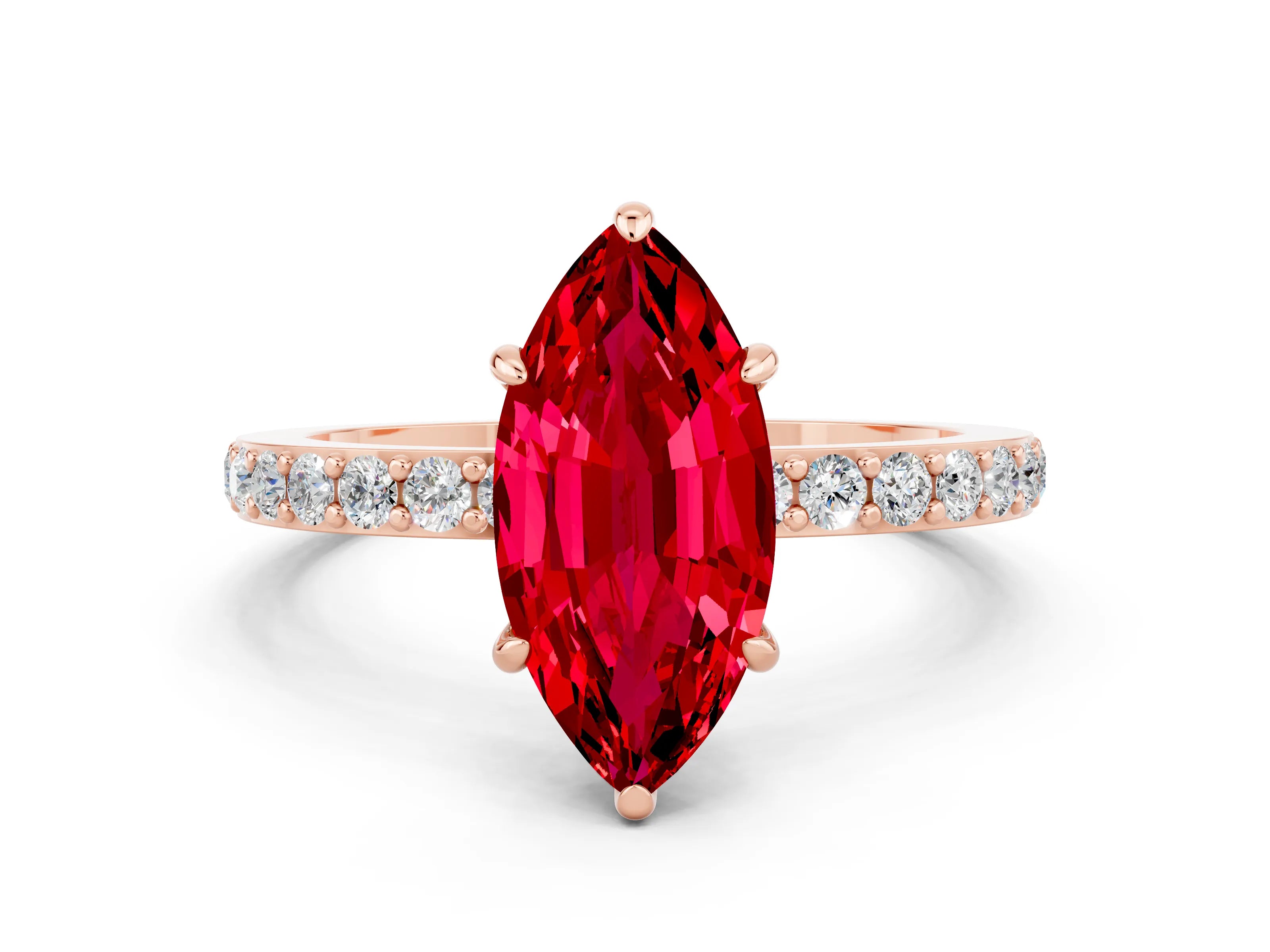 Rose gold Marquise Cut Ruby Ring with Pavé Band and Four-Prong Setting