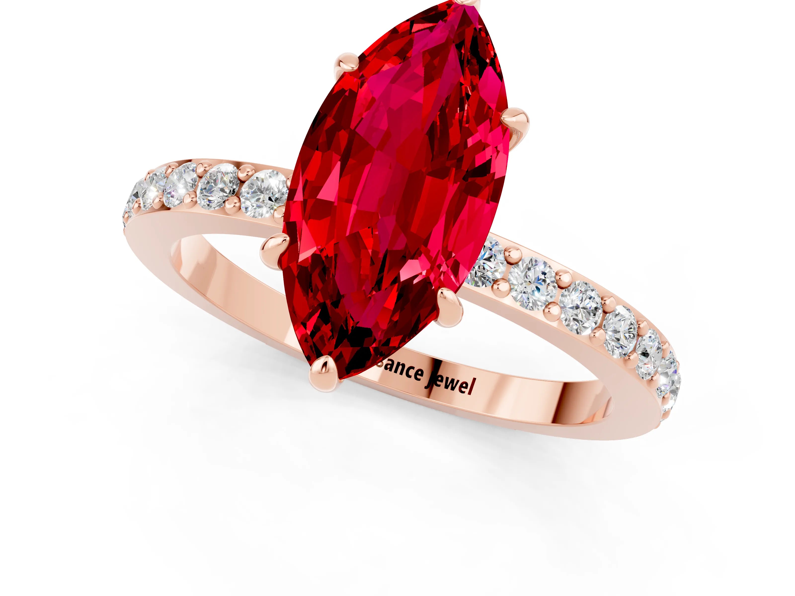 Rose gold Marquise Cut Ruby Ring with Pavé Band and Four-Prong Setting_1