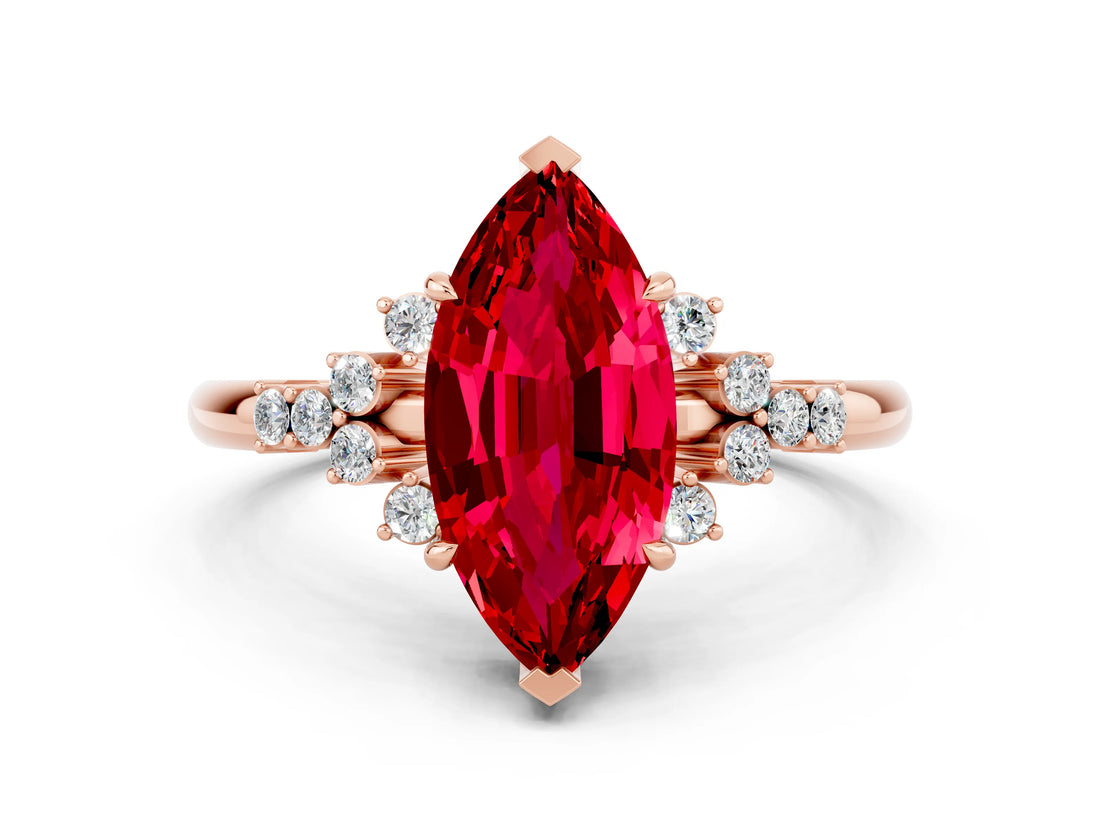 Rose gold Marquise Cut Ruby Ring with Side Stones and Four-Prong Setting_36