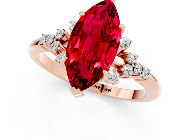 Rose gold Marquise Cut Ruby Ring with Side Stones and Four-Prong Setting